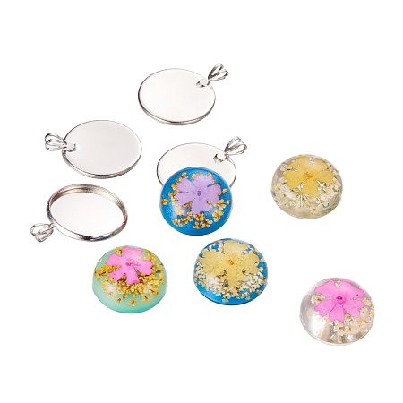 ARRICRAFT 10 Sets DIY Jewelry Pendant Making Sets, with 18mm Resin Dome Dried Flower Cabochons and Brass Pendant Frame Tray Settings 26x20x2mm