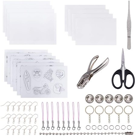 NBEADS 209 Pcs Heat Shrink Film Sheet Kit, with Alloy Handheld Puncher, Stainless Steel Tweezers, Iron Split Key Rings, Earring Hooks, Scissors and Cord Loop Mobile Straps for DIY Keychains