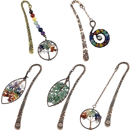 NBEADS 5 Pcs 5 Styles Vintage Metal Bookmark, Chakra Crystals Tree of Life Bookmark Leaf Bookmark Gemstones Book Markers for Reader Teachers Students, Antique Silver