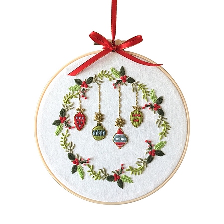 Honeyhandy Christmas Themed DIY Embroidery Sets, Including Imitation Bamboo Embroidery Frame, Iron Pins, Embroidered Cloth, Cotton Colorful Embroidery Threads, White, 30x30x0.05cm