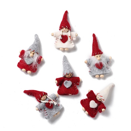 Honeyhandy Handmade Wool Felting Ornament Accessories, Felt Craft, with Wood Beads and Cotton Thread, Gnome/Dwarf, Mixed Color, 104~115x68~73x24~26mm
