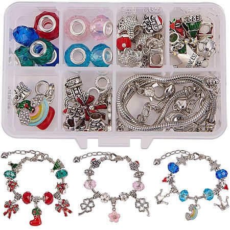 SUNNYCLUE 1 Box DIY 36PCS Charm Bracelet Making Kit Colorful Beads Silver Plated Snake Chain Jewelry Making Kit for Girls Teens Adults Gift