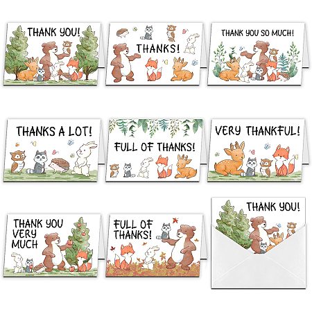 ARRICRAFT 9pcs Thank You Cards Animals in The Forest Theme Greeting Cards with Envelopes for Wedding Bridal Shower Birthday Christmas Thanksgiving Day Invitation Cards