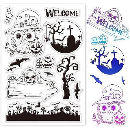 GLOBLELAND Welcome Halloween Clear Stamps Pumpkin Ghost Grave Silicone Stamp for Card Making Decoration and DIY Scrapbooking