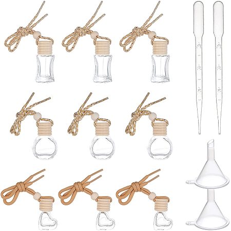 BENECREAT 9 Pack Car Air Freshener Perfume Bottle(3 Mixed Shape) Glass Aromatherapy Fragrance Essential Oil Diffuser Hanging Perfume Pendant with 2pcs Funnel and 2pcs 1ml Pipettes