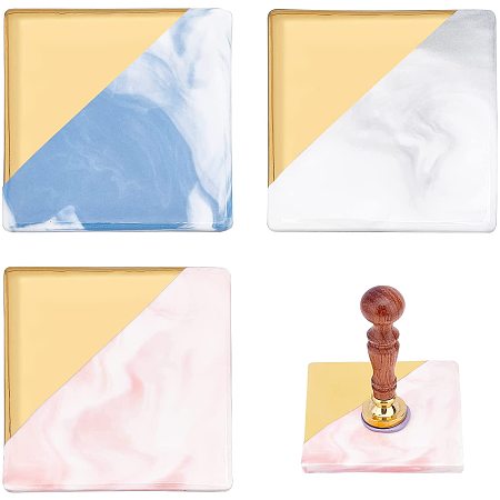CRASPIRE 3 Pieces Marble Pattern Coasters Square Absorbent Ceramic Coasters Ceramic Stone Design for Wax Seal Cooling Tool Tabletop Protection (Pink + Blue + Gray)