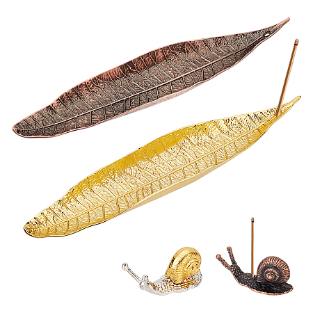 Globleland 4Pcs 4 Style Brass Incense Burners, Leaf & Snail Incense Stick Holders, Home Office Teahouse Zen Buddhist Supplies, Mixed Color, 37~208x16~36x15~16mm, Hole: 1.5~4mm, 1pc/style