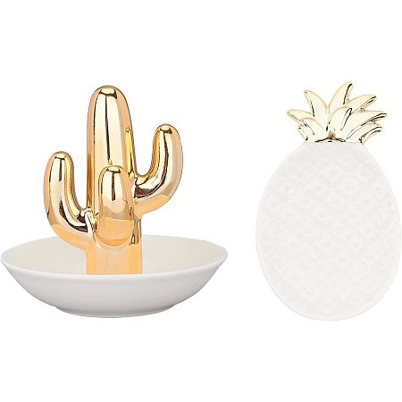 OLYCRAFT 2PCS Cactus Ring Holder Dish Ceramic Succulent Ring Holders Organizer Display with Pineapple Porcelain for Home Decor and Birthday Wedding Festival Gifts