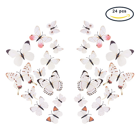 PandaHall Elite 24Pcs Artificial Plastic Butterfly Decorations White with Adhesive Sticker and Magnet for Fridge Magnets or Wall Decorations