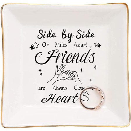 Arricraft Porcelain Square Trinket Dish Friendship Theme Text Pattern Ceramic Jewelry Tray Ring Holder Small Jewelries Plate Girls'Gift Home Decor About 4.1x4.1x1.1 inch(10.5x10.5x2.7cm)