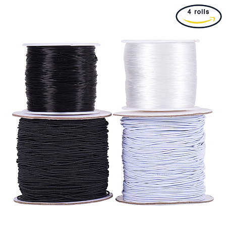 PandaHall Elite 4 Roll 0.8 mm Elastic Stretch String Cord, Crystal Fiber Bracelet String Bead Cord and Round Rubber Fabric Crafting Thread, Black & White