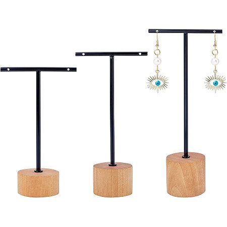 FINGERINSPIRE Black Metal 3 Pcs T Bar Earring Display Stand with Wooden Base Jewelry Holders Hanging Jewelry Organizer for Store Retail Photography Props【Black- Round Base, 5.7&4.9&3.9 Inch Height】