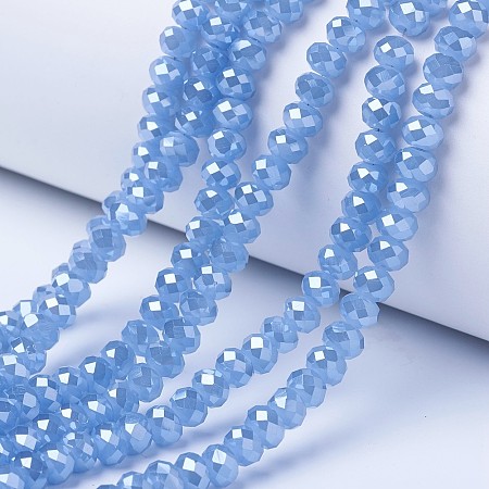 Arricraft Electroplate Glass Beads Strands, Imitation Jade Beads, Pearl Luster Plated, Faceted, Rondelle, Cornflower Blue, 6x5mm, Hole: 1mm, about 92~94pcs/strand, 17~17.5 inches(42.5~43.75cm)