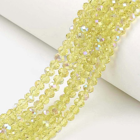 Honeyhandy Electroplate Glass Beads Strands, Half Rainbow Plated, Faceted, Rondelle, Champagne Yellow, 4x3mm, Hole: 0.4mm, about 123~127pcs/strand, 16.5~16.9 inch(42~43cm)