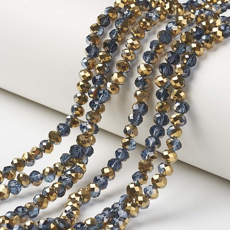 Honeyhandy Electroplate Transparent Glass Beads Strands, Half Golden Plated, Faceted, Rondelle, Steel Blue, 6x5mm, Hole: 1mm, about 85~88pcs/strand, 16.1~16.5 inch(41~42cm)