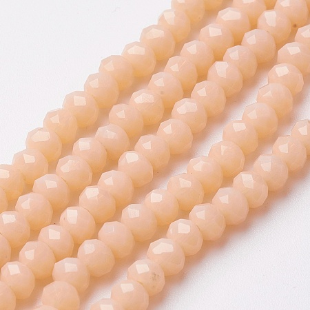 Honeyhandy Faceted Imitation Jade Glass Beads Strands, Rondelle, PeachPuff, 4~4.5x3mm, Hole: 0.5mm, about 130~135pcs/strand, 15.5~16 inch(39~40cm)