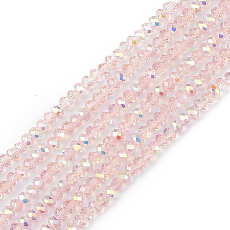 Transparent Electroplate Glass Beads Strands, Faceted, Rondelle, AB Color Plated, Pink, 4~4.5x3~3.5mm, Hole: 0.8mm, about 150~152pcs/strand, 17.91~19.69 inch(45.5~50cm)