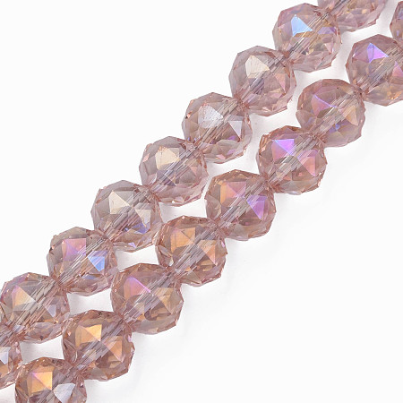 Electroplate Transparent Glass Beads Strands, AB Color Plated, Faceted, Round, Pink, 10x8.5mm, Hole: 1.2mm, about 60pcs/strand, 20.47 inch(52cm)