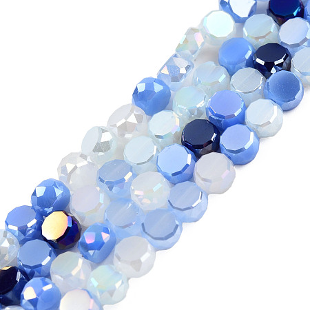 Electroplate Glass Beads Strands, Faceted, Flat Round, Cornflower Blue, 4x2.5mm, Hole: 0.9mm, about 99~101Pcs/strand, 14.45 inch~14.69 inch(36.7~37.3cm)