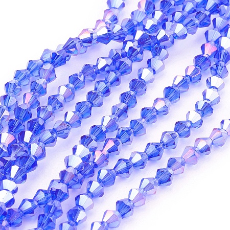 Glass Beads Strands, AB Color Plated, Faceted, Bicone, DodgerBlue, 4x4mm, Hole: 1mm; about 98~100pcs/strand