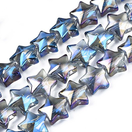 Honeyhandy Electroplate Glass Beads Strand, AB Color, Star, Blue, 11.5~12.5x13x7mm, Hole: 1mm, about 55~56pcs/strand, 23.62 inch~ 25.20 inch(60~64cm)
