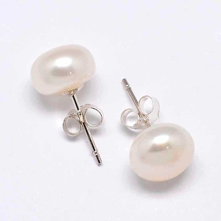 Honeyhandy Mother's Day Gift Natural Pearl Half Round Ear Studs, with 925 Sterling Silver Pins and Ear Nuts, Antique White, 10x7mm, Pin: 0.7mm