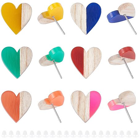 OLYCRAFT 64pcs Resin Wooden Cabochons Heart Shape Resin Wooden Blanks Wood Cabochons Vintage Resin Wood Statement Jewelry Accessories for Necklace Earring Jewelry Findings - 6 Colors