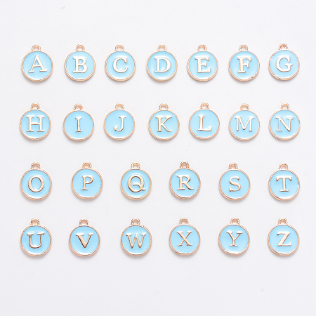 Golden Plated Alloy Enamel Charms, Enamelled Sequins, Flat Round with Alphabet, Letter A~Z, Turquoise, Light Sky Blue, 14x12x2mm, Hole: 1.5mm; 26pcs/set
