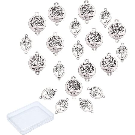 CREATCABIN 1 Box 20Pcs 2 Styles Tree of Life Connector Charms Thai Sterling Silver Hollow Flat Round Oval Links Alloy Pendants Tibetan Style for Jewelry Making Charms DIY Necklaces Bracelets