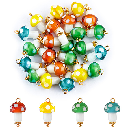 SUPERFINDINGS 50Pcs Handmade Lampwork Pendants, with Golden Plated Brass Loops, Mushroom, Mixed Color, 18.5~19x10~11mm, Hole: 1.6~2mm