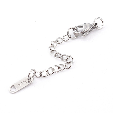 Honeyhandy 304 Stainless Steel Chain Extender, Chain Tabs with Word K14, and Lobster Claw Clasps, Stainless Steel Color, 64~80mm