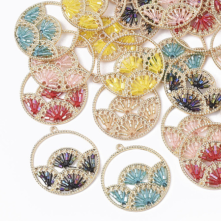 NBEADS Polyester Thread Woven Pendants, with Glass Seed Beads and Light Gold Plated Alloy Findings, Flat Round with Fan, Mixed Color, 37.5x34.5x2mm, Hole: 1.8mm