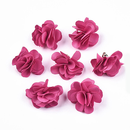 Honeyhandy Cloth Pendant Decorations, with Acrylic Findings, Flower, Hot Pink, 25~30x28~35mm, Hole: 2mm