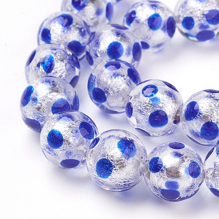Honeyhandy Handmade Silver Foil Lampwork Beads Strands, Round, Polka Dot Pattern, Blue, 12mm, Hole: 1mm, 25pcs/strand, 11.2 inch