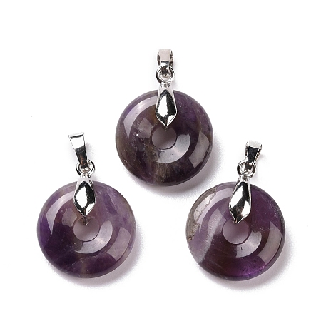 Honeyhandy Natural Amethyst Pendants, with Platinum Tone Brass Findings, Cadmium Free & Lead Free, Donut/Pi Disc, 24~25x20x8.5mm, Hole: 8x5mm