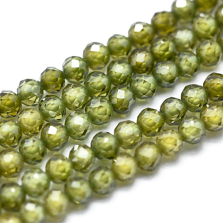 Honeyhandy Cubic Zirconia Bead Strands, Round, Faceted, Olive Drab, 2mm, Hole: 0.2mm, about 14.96 inch(38cm), 184pcs/strand