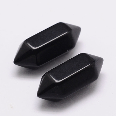 Honeyhandy Faceted No Hole Natural Black Obsidian Beads, Black Agate, Double Terminated Point, For Wire Wrapped Pendants Making, Dyed & Heated, 20x9x9mm