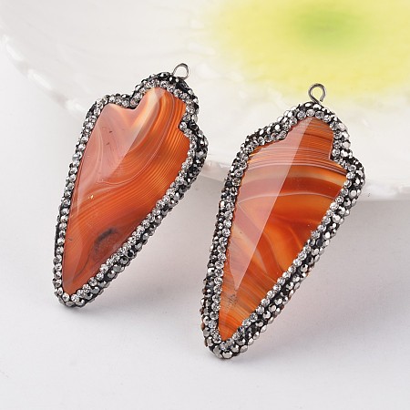NBEADS Faceted Dyed Arrow Natural Agate Big Pendants, with Polymer Clay Rhinestone and Platinum Tone Brass Findings, DarkOrange, 50~53x24~26x5~6mm, Hole: 2mm