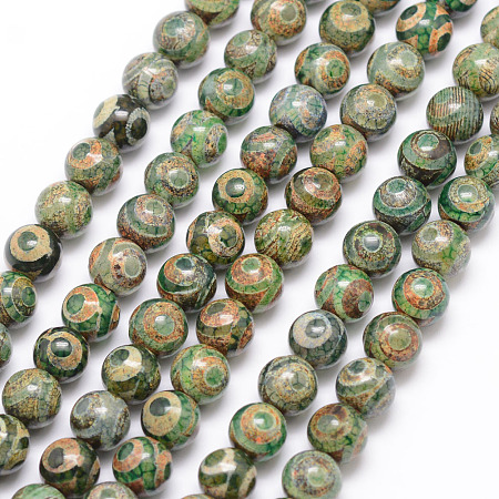 Tibetan Style 3-Eye dZi Beads , Natural Agate Bead Strands, Round, Dyed & Heated, Olive, 8mm, Hole: 1mm, about 23pcs/strand, 7.5 inch