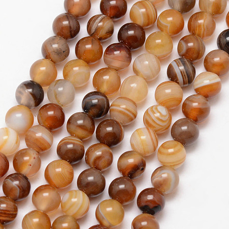 Honeyhandy Natural Striped Agate/Banded Agate Bead Strands, Round, Grade A, Dyed & Heated, Camel, 6mm, Hole: 1mm, about 61pcs/strand, 15 inch