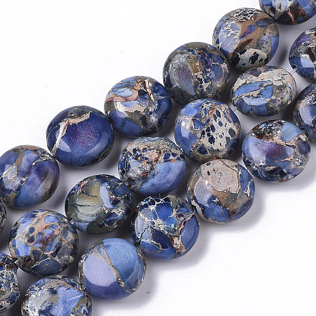 Honeyhandy Natural Imperial Jasper Beads Strands, Dyed, Flat Round, Blue, 10x4.5mm, Hole: 1mm, about  39~42pcs/Strand, 15.35 inch~16.14 inch(39~41cm)