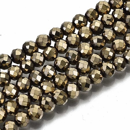 Honeyhandy Electroplate Non-magnetic Synthetic Hematite Beads Strands, Round, Faceted, Pale Goldenrod, 4mm, Hole: 1mm, about 108pcs/strand, 15.67 inch~15.91 inch(39.8cm~40.4cm)