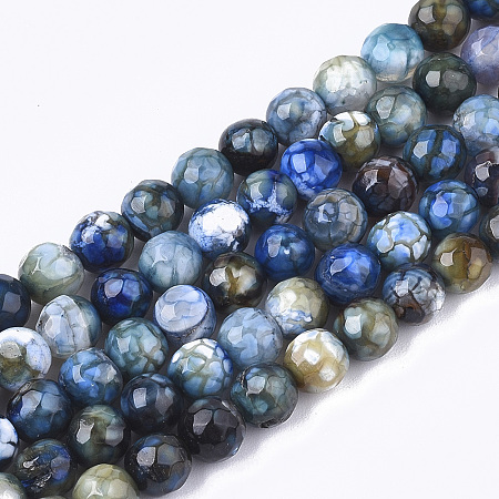 NBEADS Natural Crackle Agate Beads Strands, Dyed, Faceted, Round, SteelBlue, 6mm, Hole: 1mm; about 63pcs/strand, 14.5