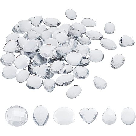 FINGERINSPIRE 120Pcs 6 Styles Flat Back Acrylic Self-Adhesive Rhinestone with Container Heart & Teardrop & Oval & Half Round Clear Cosplay Costume Gems Acrylic Jewels for Costume Invitations Crafts
