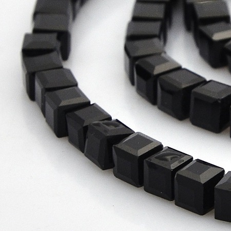 Honeyhandy Faceted Cube Glass Beads Strands, Black, 4x4x4mm, Hole: 1mm, about 100pcs/strand, 16.9 inch