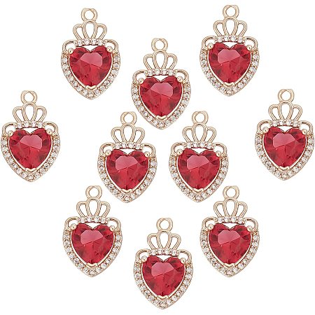 HONEYHANDY 10Pcs/Box Valentine s Day Heart Charms Red Cubic Zirconia Crown Top Heart Dangle Pendant Craft Supply for Jewelry Making DIY Choker Necklace Bracelet Earring