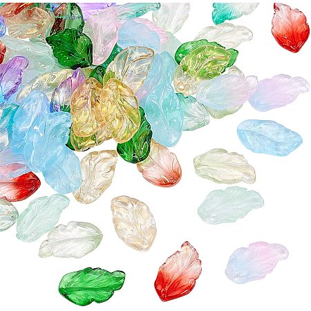 BENECREAT 100Pcs 29x17mm Leaf Spray Painted Glass Pendants, Rainbow Color Leaf Charms with Plastic Storage Box for Jewelry Making - Hole, 1.4mm