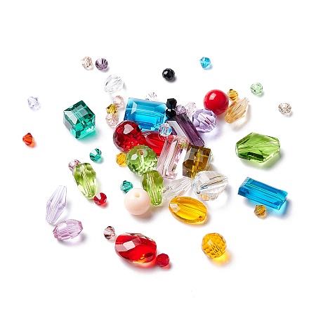 50Pcs Faceted Transparent Glass Beads, Mixed-shaped, Mixed Color, 4~14x4~12x3.5~11.7mm, Hole: 1~1.6mm