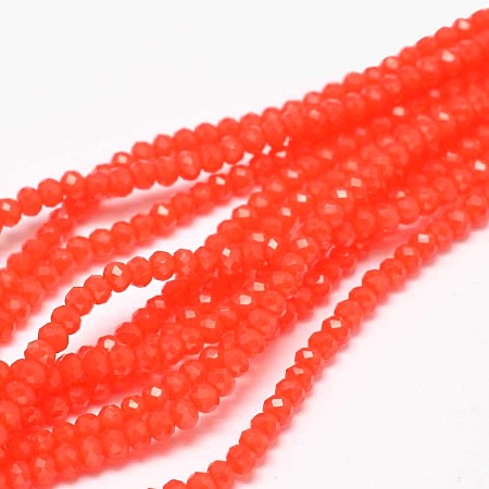 Honeyhandy Faceted Rondelle Glass Beads Strands, Coral, 3.5x2.5~3mm, Hole: 0.8mm, about 125~128pcs/strand, 13.7~14.1 inch(35~36cm)