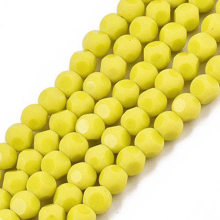 ARRICRAFT Opaque Solid Color Glass Beads Strands, Imitation Jade, Faceted(6 Facets), Round, Yellow, 6x5.5mm, Hole: 1.2mm; about 98~100pcs/strand, 21.65 inches~22.83 inches(55~58cm)